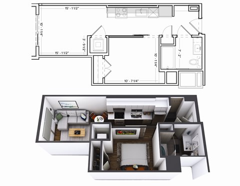 Floor plan for 1 bed, 1 bath, 542 sqft